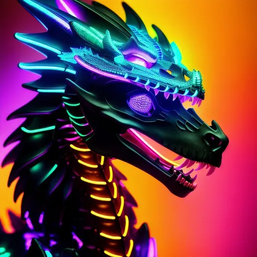 portrait of a roaring neon skeleton dragon with irid...