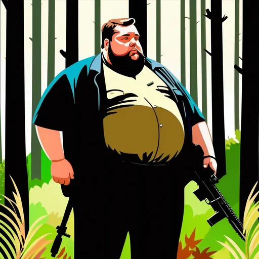 Prompt: Obese man, wielding an AR-15, in a forest, cartoony style, extremely detailed painting by Greg Rutkowski and by Henry Justice Ford and by Steve Henderson 