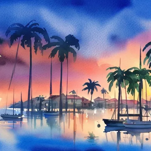 Prompt: Dusk over a tropical seaside village in watercolor