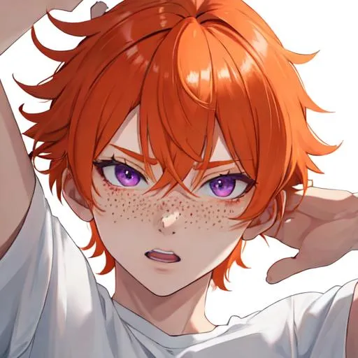 Prompt: Erikku male (short ginger hair, freckles, right eye blue left eye purple) muscular, UHD, 8K, Highly detailed, insane detail, best quality, high quality. hands in the air, wearing a t-shirt