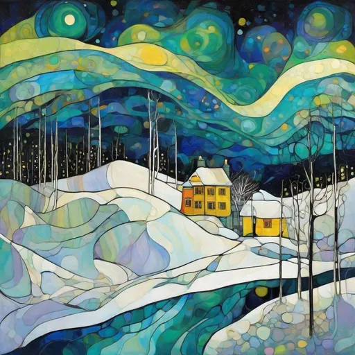 Prompt: landscape with northern lights, painting in the style of Klimt.