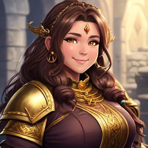 Prompt: oil painting, D&D fantasy, gold dwarf girl, tanned-skinned-female, stocky, beautiful, short bright dirty brown hair, wavy hair, smiling, looking at the viewer, cleric wearing intricate adventurer outfit, #3238, UHD, hd , 8k eyes, detailed face, big anime dreamy eyes, 8k eyes, intricate details, insanely detailed, masterpiece, cinematic lighting, 8k, complementary colors, golden ratio, octane render, volumetric lighting, unreal 5, artwork, concept art, cover, top model, light on hair colorful glamourous hyperdetailed medieval city background, intricate hyperdetailed breathtaking colorful glamorous scenic view landscape, ultra-fine details, hyper-focused, deep colors, dramatic lighting, ambient lighting god rays, flowers, garden | by sakimi chan, artgerm, wlop, pixiv, tumblr, instagram, deviantart