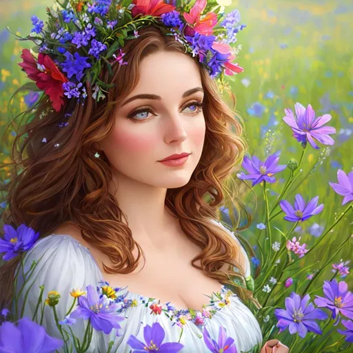 Prompt: Anne Bolelyn as a fairy goddess, surrounded by wildflowers, closeup