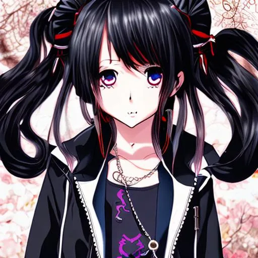 Prompt: A anime goth girl with a black skirt and a black sweatshirt with a chain 8k photorealistic full body 