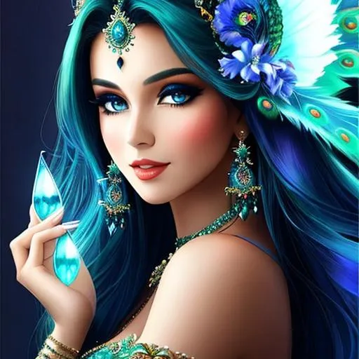 Prompt: Beautiful woman as a peacock fairy goddess