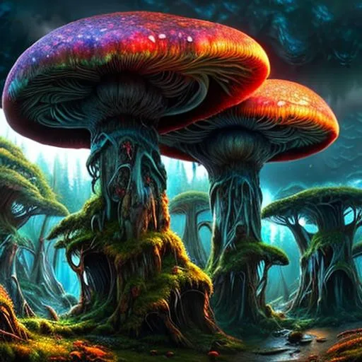 Prompt: long shot scenic professional photograph of an ancient fungal forest, perfect viewpoint, highly detailed, wide-angle lens, hyper realistic, with dramatic sky, polarizing filter, natural lighting, vivid colors, everything in sharp focus, HDR, UHD, 4k