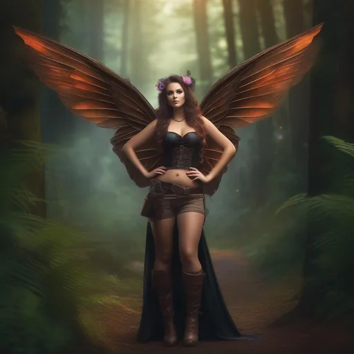 Prompt: Epic. 4k.  8k. Cinematic, Wide angle. Full body in shot. Hyper realistic painting. Concept art. matte painting. Detailed Illustration. photo realistic. A beautiful, buxom woman with broad hips. extremely colorful, bright eyes,  standing in a forest by a sleepy town. Shes a Steam Punk style witch, a Winged fairy, with a skimpy, very sheer, gossamer, flowing outfit. On a colorful, Halloween night. Trending on artstation.