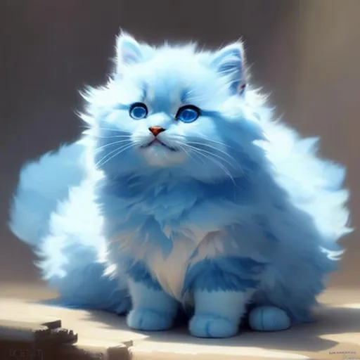 Prompt: Cute, blue, fluffy, liquid cat, perfect features, extremely detailed, realistic. Krenz Cushart + loish +gaston bussiere +craig mullins, j. c. leyendecker +Artgerm.