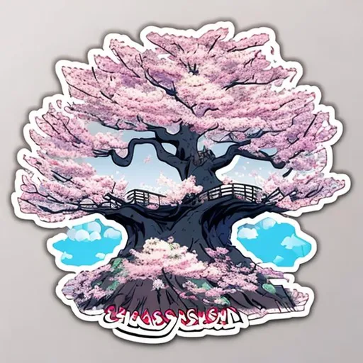 Prompt: Majestic Cherry blossom tree on floating island in the sky cartoon sticker