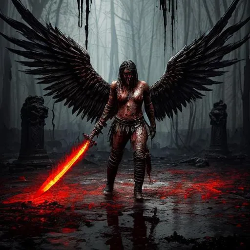 Prompt: An ancient tattered winged angel, emerging from a bloodbath holding a firey sword, blood rain, dripping wet, black ooze, dead bodies on the ground, detailed scene, digital painting, glowing red eyes, smokey, foggy, hyperrealistic, fantasy, Surrealist, artstation, highly detailed, sharp focus, wide angle shot, sci-fi, stunningly beautiful, dystopian, cinematic lighting, dark fantasy, hell