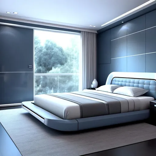Prompt:  a modern more futuristic bed king size grey lines. just the bed in the scene blue. photography stage. view from front