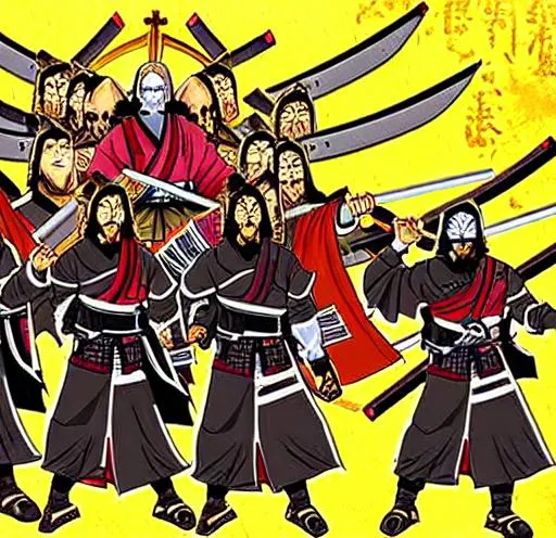 Prompt: Anime war scene graphic High detail Samurai warrior crusaders with Jesus Christ as depicted in the book of  revaltion coming out of heaven one side is the gathering of The chosen to ride victory against the enemy Satan and his fallen cyberpunk ninjas on the opposite side 