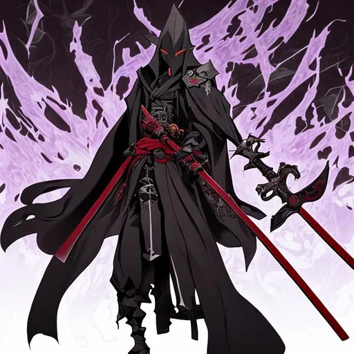 Prompt: The unknown Archon black entity with a robe and a kasa. Strong black aura. Hiding in the shadows. Huge grin. Genshin impact artstyle. With a katana on the back