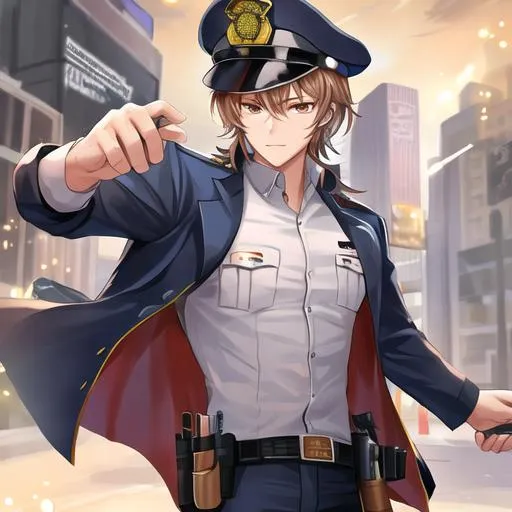 Prompt: Caleb as a police officer in a gunfight bullets flying
