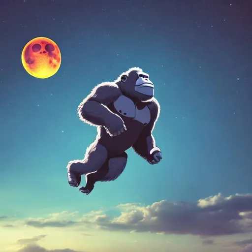 Prompt: Gorilla flying rocketship past the moon