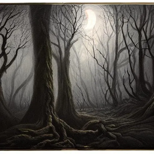 dark forest with moonlight with scrary figures lurking | OpenArt