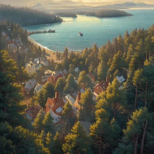 Prompt: bird's eye view of a beautiful painting of a small, sleepy New England fishing town by the sea surrounded by pine forest by greg rutkowski, trending on artstation