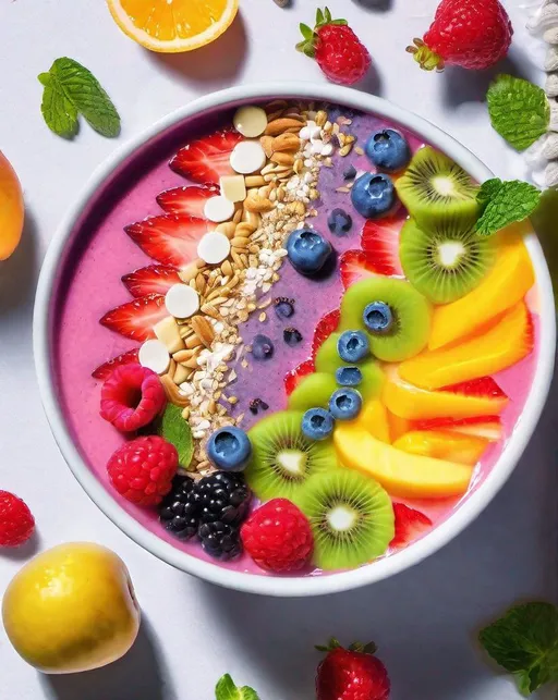 Prompt: ((Delicious Summer)) - Savor the sight of an ethereal smoothie bowl, bursting with vibrant fruits and colors. Lighting: Bright and natural daylight. Mood: Refreshing and delightful., Photorealistic, taken on an iPhone, deep shadows, savory 