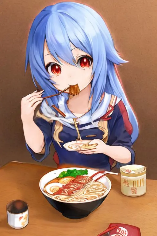 Prompt: Anime girl eating ramen noodles with chopsticks