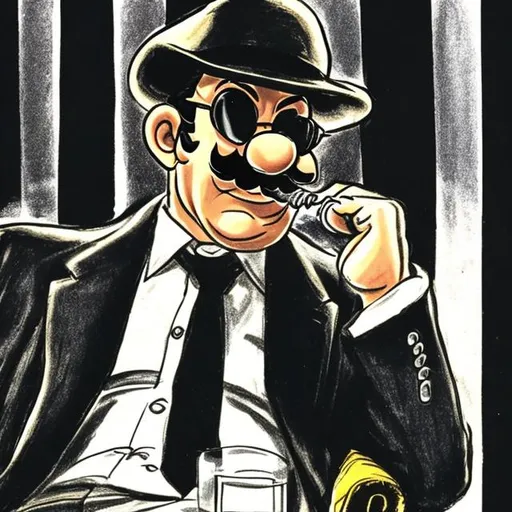 Prompt: luigi from mario as a mob boss in a black pinstripe suit smoking a cigar with a fedora and aviator sunglasses on