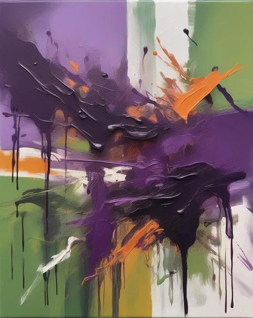 Prompt: An abstract expressionist painting in clashing hues of vibrant fandango purple and tea green, with thickly applied gestural brushstrokes and paint drips. Dynamic composition has a bold, contemporary vibe. In the energetic style of abstract color field painting.