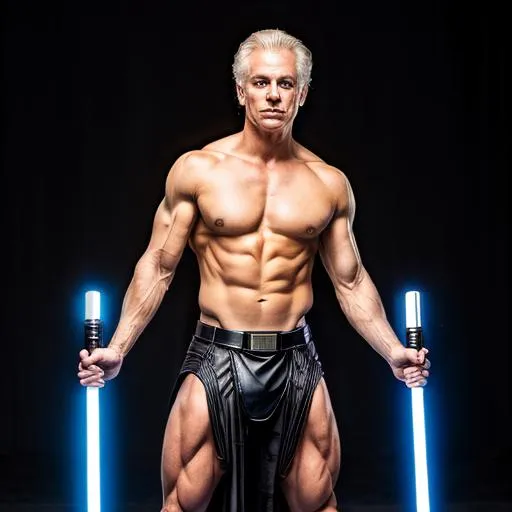 Prompt: depict young blonde haired Chancellor Palpatine as a body builder with a lightsaber using best practices