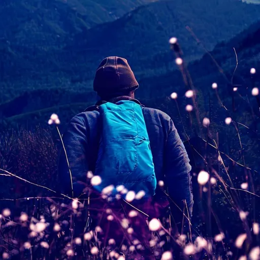 Prompt: man walking on the path in the mountains