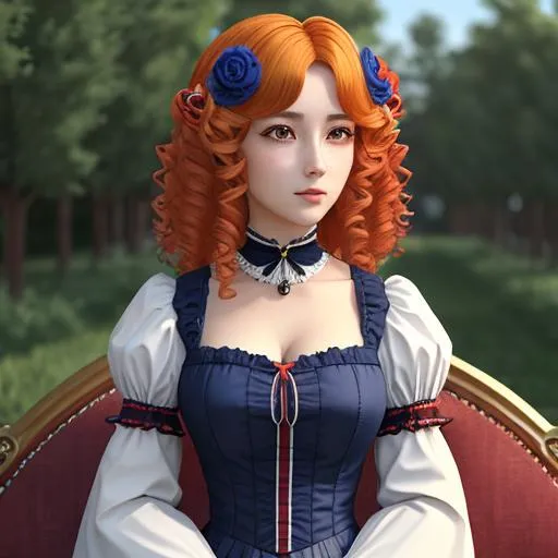 Prompt: 3d anime woman and 4k full HD from the Victorian era, elegant, curly hair with red blue and yellow hair