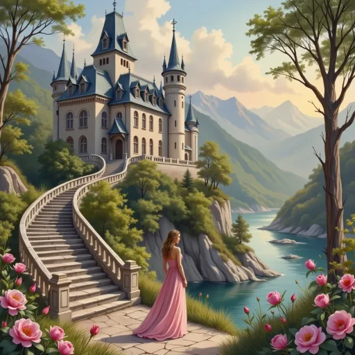 Prompt: This is a digital painting depicting a fantasy landscape. At the center of the image stands a tall, elegant woman with long, wavy brown hair, dressed in a flowing, pink, floor-length gown with a strapless top. She faces away from the viewer, gazing at a grand, medieval-style castle perched on a lush, green hill. The castle features multiple turrets, steep blue-grey roofs, and tall, narrow windows, exuding a fairytale-like charm. 

A wide, stone staircase with ornate balustrades curves from the bottom left of the image up to the castle entrance. The staircase is flanked by vibrant pink roses in full bloom, adding a touch of color and softness to the scene. To the right, a serene river with clear blue water flows through a narrow valley, reflecting the soft light of a setting sun. The background showcases rolling green hills and distant, misty mountains under a sky filled with fluffy, golden clouds. 

The overall composition of the painting is balanced and picturesque, with a romantic and enchanting atmosphere. The detailed textures of the castle, staircase, flowers, and natural elements are rendered with a realistic yet slightly whimsical style, characteristic of fantasy digital art.