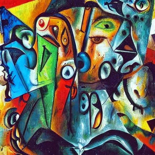 Prompt: A abstract cubism Michaelangelo painting mixed with Salvador Dali painting mixed with Picasso painting mixed with Jackson Pollock painting of extraterrestrial aliens 