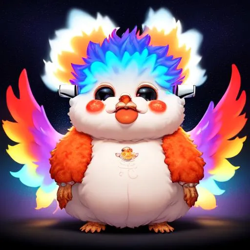 Prompt: right view, wide view, 7 "colorful, proud, , "fat baby fried chicken", with a halo", w headphones, glowing, realistic, spiked hair, fluffy, silky, furry, backlit, warm tones, night-sky, moss, indigo, cream, coral, bone-white, photorealistic eyes, : ornate, dynamic, particulate, intricate, elegant, highly detailed, artstation, airbrush, acrylic on paper, volumetric lighting, occlusion, smooth, sharp focus, 128K UHD octane render, w more d etail.