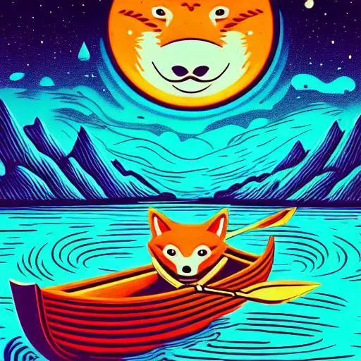 Prompt: Hypnotic illustration of {a ginger fox rowing a boat along a gentle river under a moonlit sky}, hypnotic psychedelic art by Dan Mumford, pop surrealism, dark glow neon paint, mystical, Behance