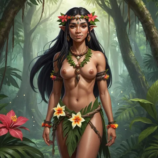 Prompt: Full body, Fantasy illustration of a Hawaiian female tribal elf, 26 years old, beautiful, dark complexion, long black hair decorated with flowers, loincloth, flower necklace, friendly expression, high quality, rpg-fantasy, detailed, in a tropical forest 