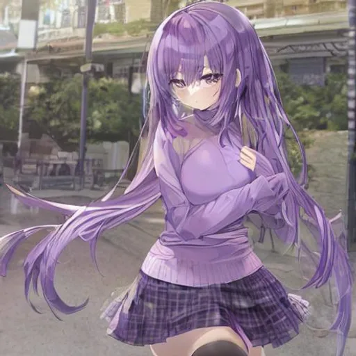 Prompt: Anime girl, girl, female, anime, purple, purple hair, purple sweater, turtleneck sweater, black skirt, skirt, stockings, lacey, cuts, goth, emo, baggy clothes, loose clothes