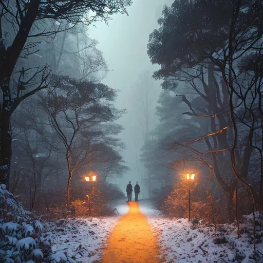 Prompt: a path through the forest while it is snowing at night and along the way street lamps illuminating the path with orange light, a tall boy and a girl in the foreground walking along the path with their backs to the image.