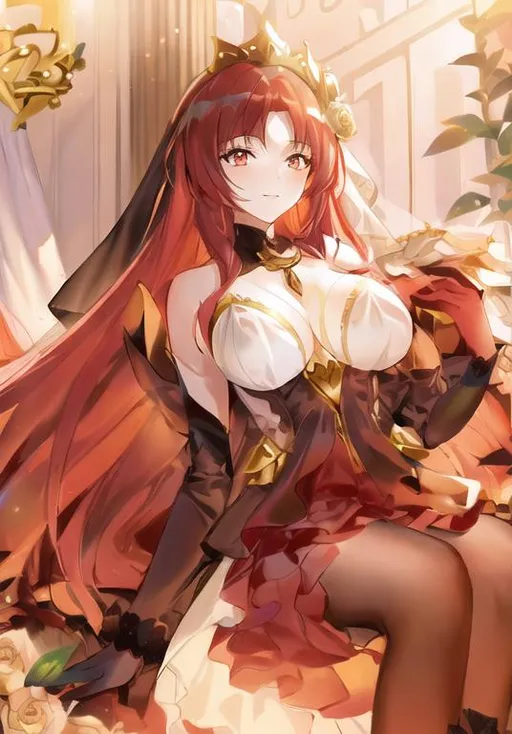 Prompt: A pale tall 1woman, golden-eyed with diamond-shaped pupils, with long red hair, wearing black armored dress with a veil, sitting with both legs together, blushing, looking at viewer, intricate detail