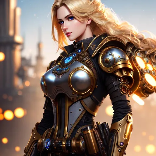 Prompt: Photo of ideal 25 year old female steampunk cyborg wearing steampunk armor,

healthy body,
dirty-blond hair,

elegant, 
highly detailed, 
trending on artstation, 
excellent composition,
sharp focus,
bokeh,
bright lighting, 
16k