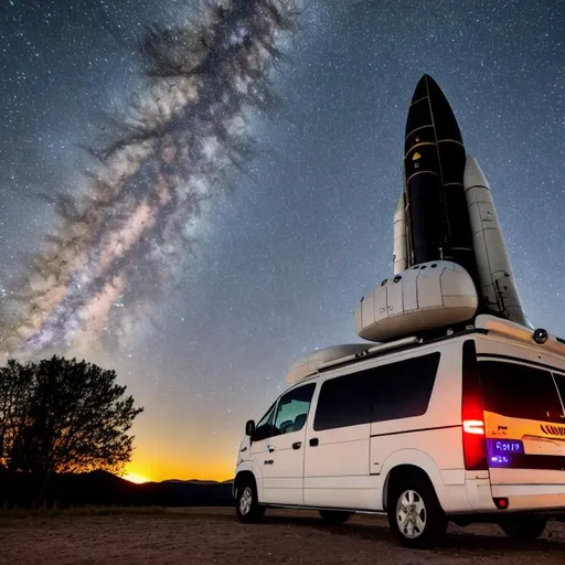 Prompt: HDR, UHD, 64k, Long shot, Hyper Realistic, Cinematic, bokeh, Camping van with spaceshuttle wings, in outer space, planets in background