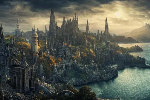 Prompt: cinematic composition, hyper realistic, highly detailed, concept art, dynamic range, depth of field,  Elven city on the shores of a crescent shaped bay with a single island in the middle with a large tower

