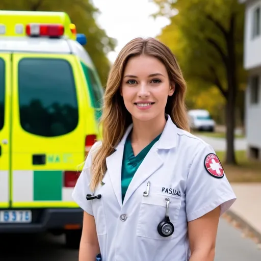 Prompt: realizame un imagen como la que te aporto pero detras una ambulancia difuminada con una chica delante blanca


