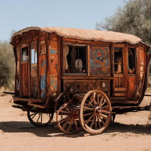 Prompt: A gypsy wagon used for traveling by a gypsy