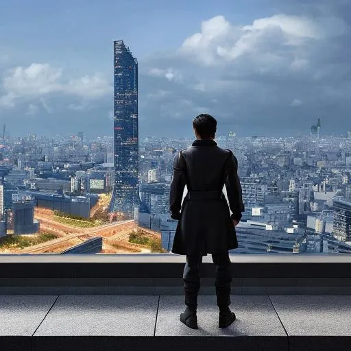Prompt: A man on a rooftop, overlooking a war thorn city, Halo, warhammer 40.000 space marine, Gundam Iron blooded orphans, darker than black, jormungand, one's out, ergo proxy, fate stay night, ghost in the shell, Tokyo ghoul, psycho-pass, realistic, realisme, hyper realisme, realistic proportions, symmetrical 