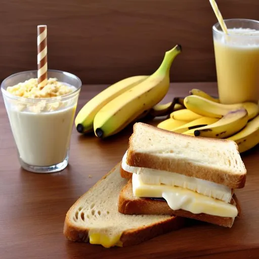 Prompt: seductress banana cheese sandwich on toast with cheese milkshake on a table made out of banana and cheese wood