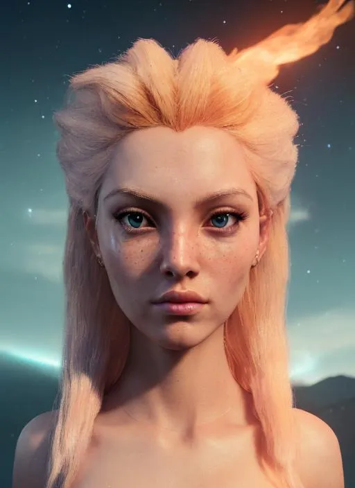 Prompt: wide angle of ascended fire light goddess with {crystal blonde} hair and with cute face, {deep space}, perfect composition, super detailed, 8k, high quality, trending art, trending on artstation, sharp focus, studio photo, intricate details, highly detailed, energy field sparkle