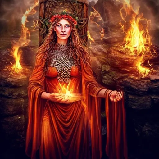 Prompt: celtic pagan goddess: Bridgid. Fire, herbal healing, water well, woman. red warrior goddess.
