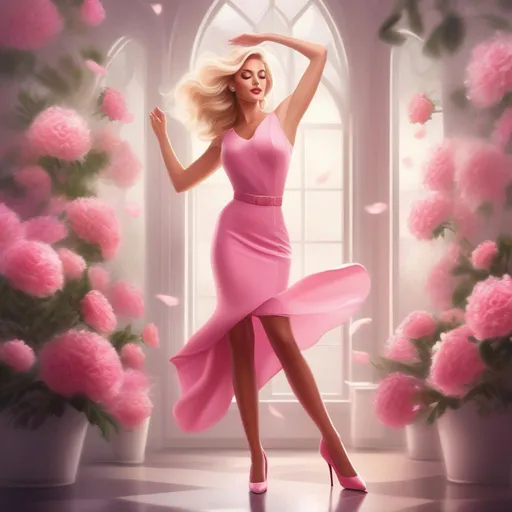 Prompt: A beautiful woman with blonde hair and a pink business outfit and pencil skirt is depicted in a beautiful florist with pink flowers. She is dancing in a graceful pose, adding a touch of elegance to the scene.
