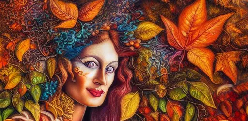 Prompt: An oil painting of the autumnal equinox,a woman 
surrounded by autumn leaves, an airbrush painting 
by Josephine Wall, alvador Dalí, psychedelic art, 
airbrush art, detailed painting, pre-raphaelite, 3d 
render, rococo art