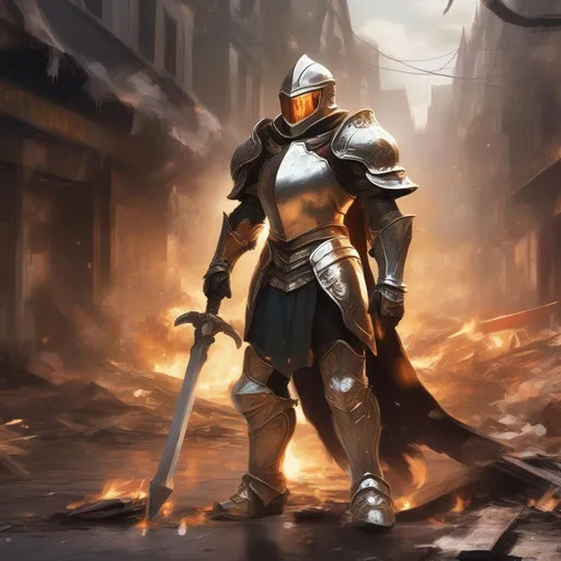 Prompt: Splash art of a fantasy paladin looking forward while wearing shining full plate armor with an armet style helmet standing in front of a street covered in debris and fire