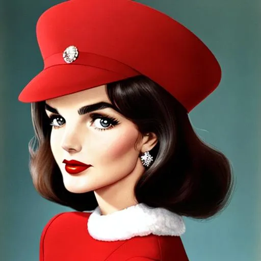 Prompt: Jackie Kennedy, pretty face, red lips, 60s pillbox hat, closeup