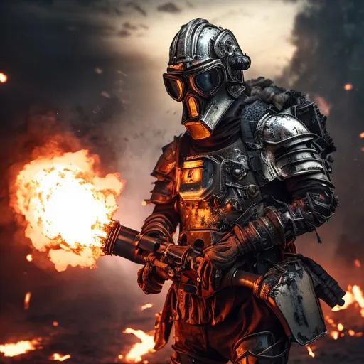 Prompt: Man wearing metal armor and a full face helmet, burning city in the reflection of his goggles, holding a flamethrower.